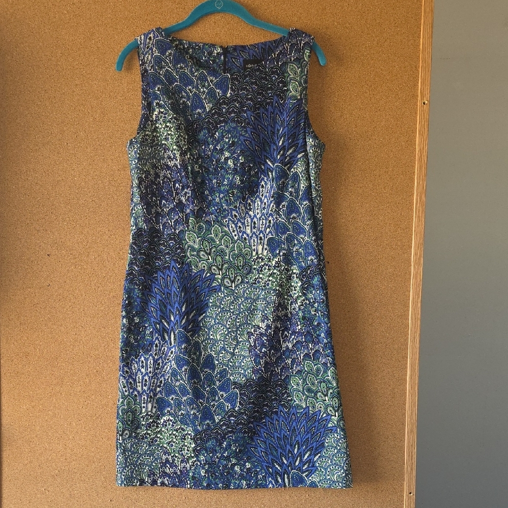 Connected Apparel Vibrant Blue and Green Patterned Spring Mini Dress Size 10